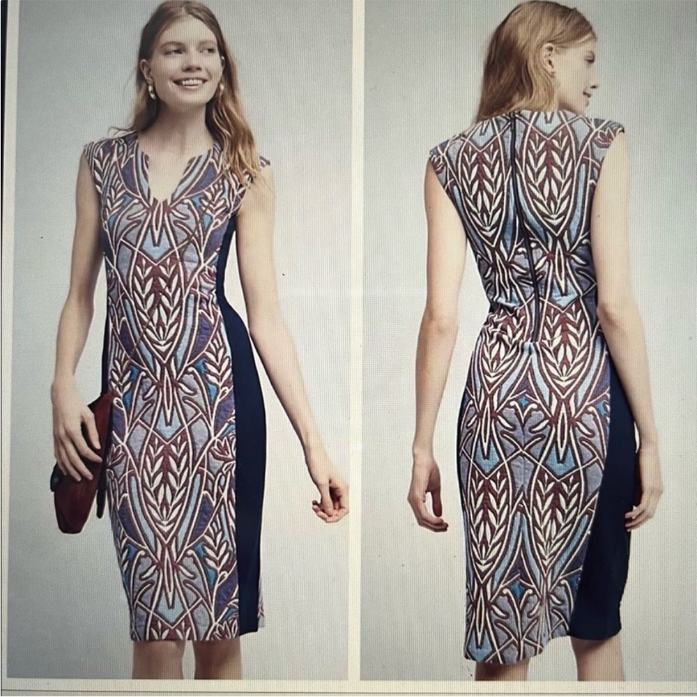 Anthropologie HD in Paris Blue Scrolls Sheath Dress